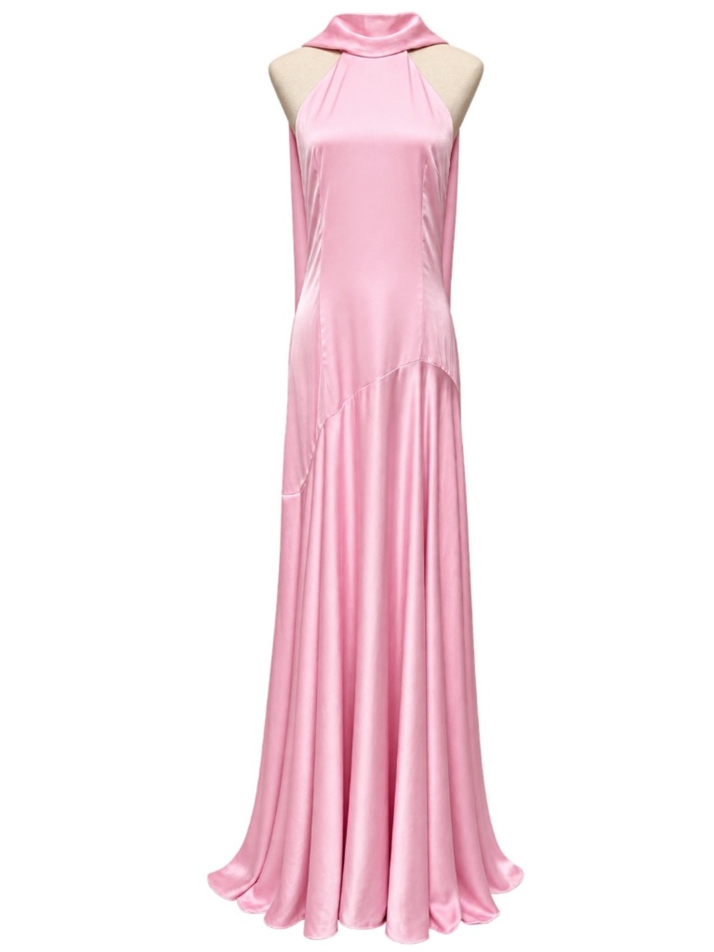 Long floor length pink satin dress with neck scarf